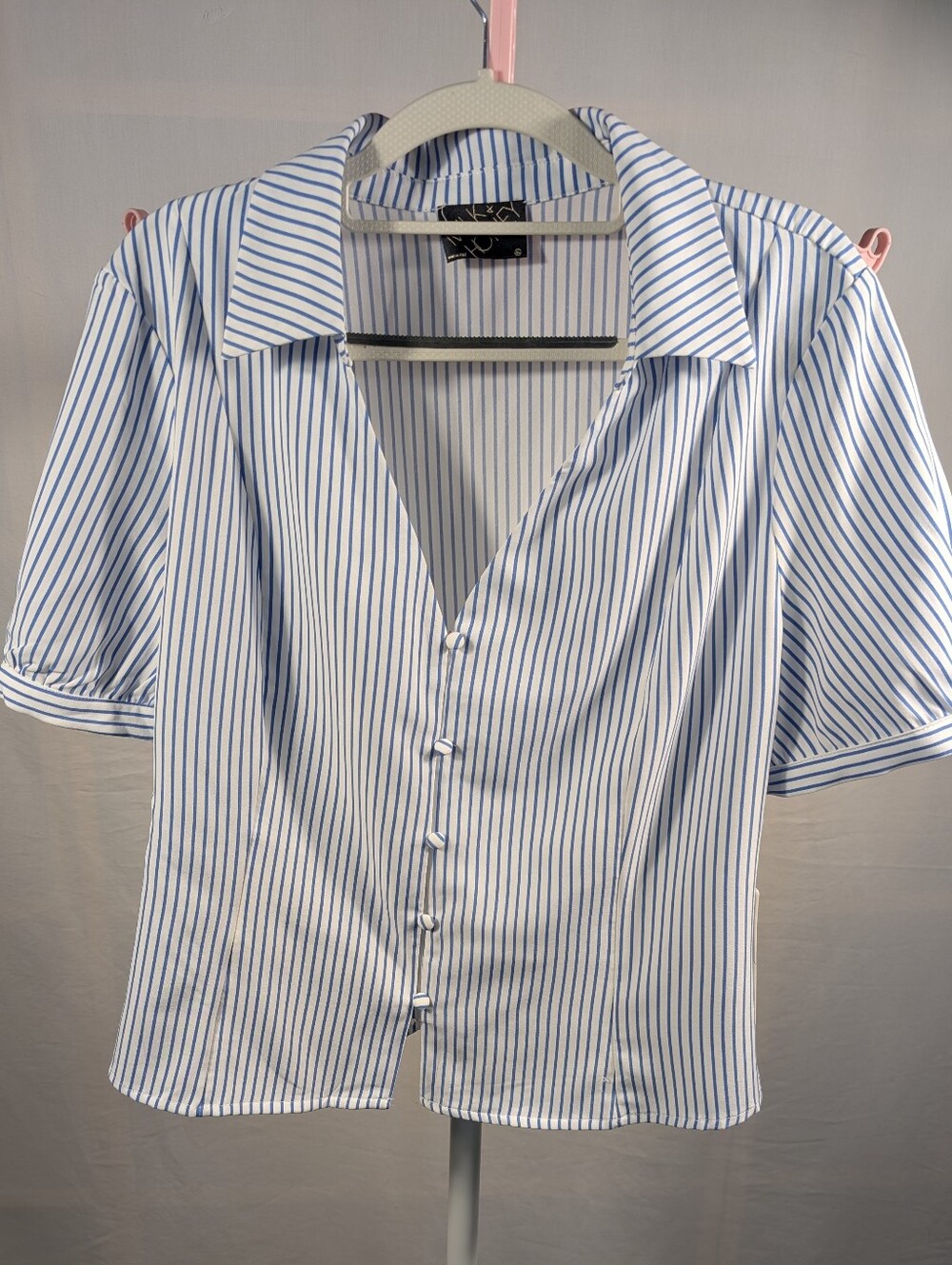 Milk Honey XL Blue & White Stripe Puff Sleeve Button Front Blouse NWT